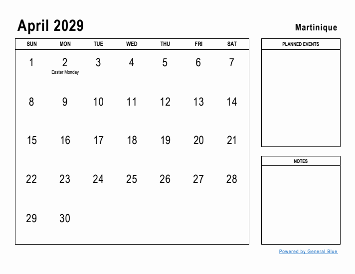 April 2029 Printable Monthly Calendar with Martinique Holidays