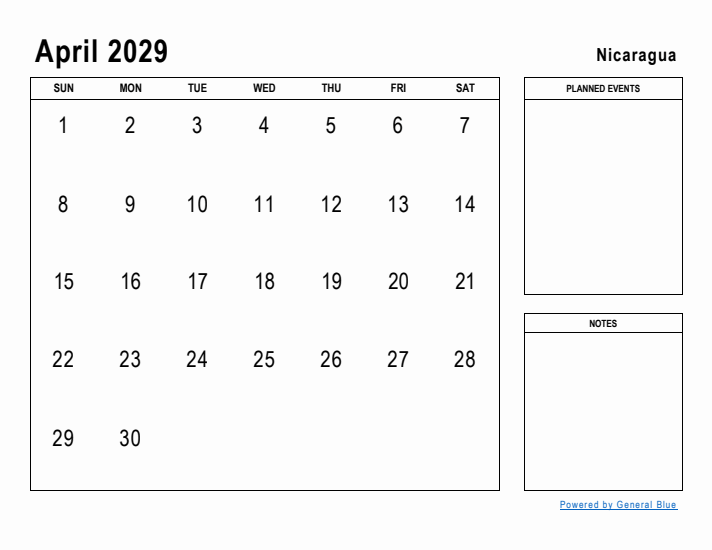 April 2029 Printable Monthly Calendar with Nicaragua Holidays