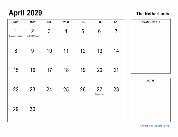 April 2029 Printable Monthly Calendar with The Netherlands Holidays