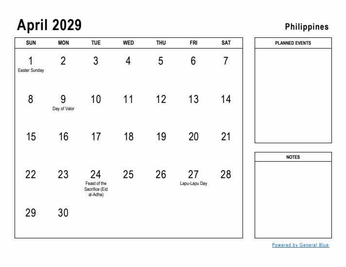 April 2029 Printable Monthly Calendar with Philippines Holidays