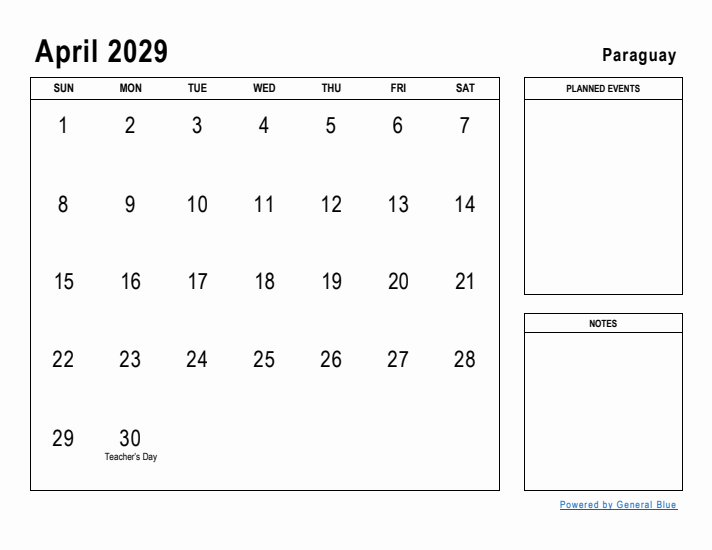 April 2029 Printable Monthly Calendar with Paraguay Holidays