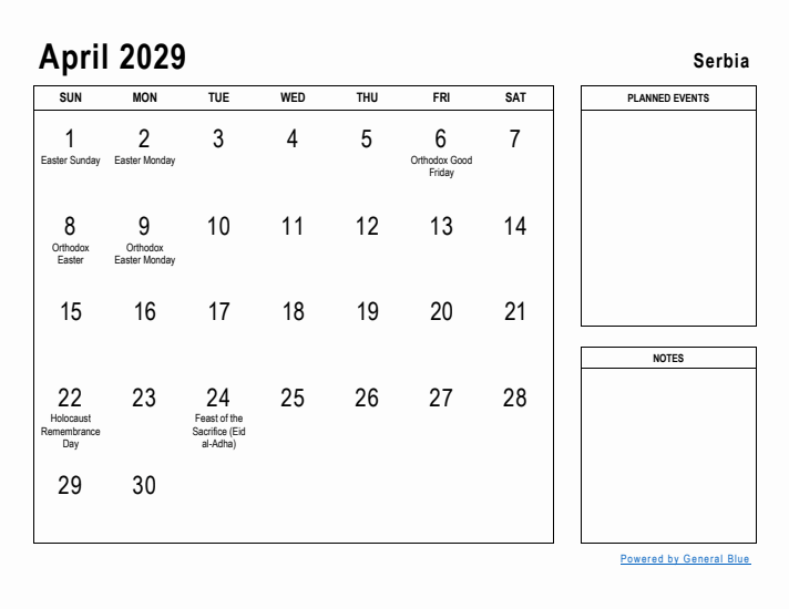 April 2029 Printable Monthly Calendar with Serbia Holidays