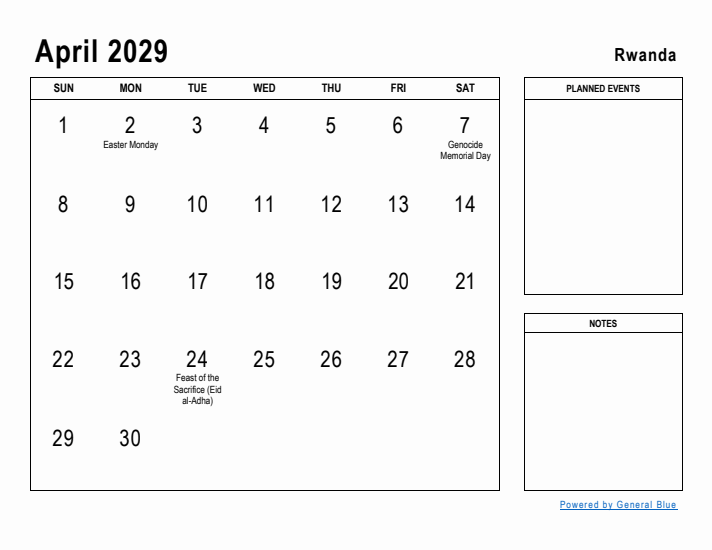 April 2029 Printable Monthly Calendar with Rwanda Holidays