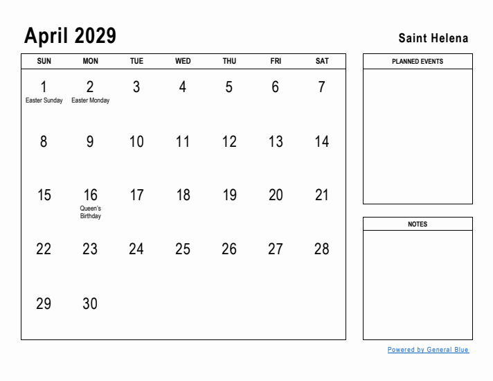 April 2029 Printable Monthly Calendar with Saint Helena Holidays