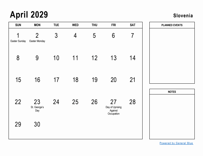 April 2029 Printable Monthly Calendar with Slovenia Holidays