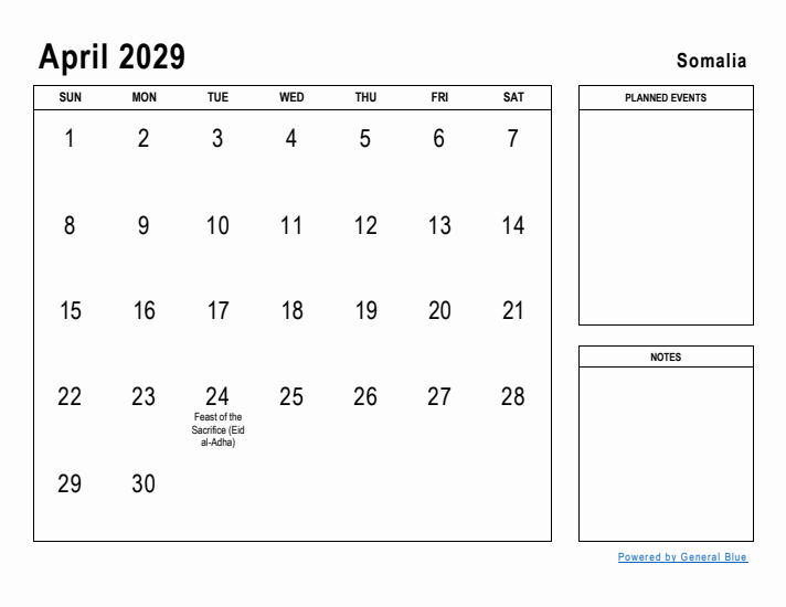 April 2029 Printable Monthly Calendar with Somalia Holidays