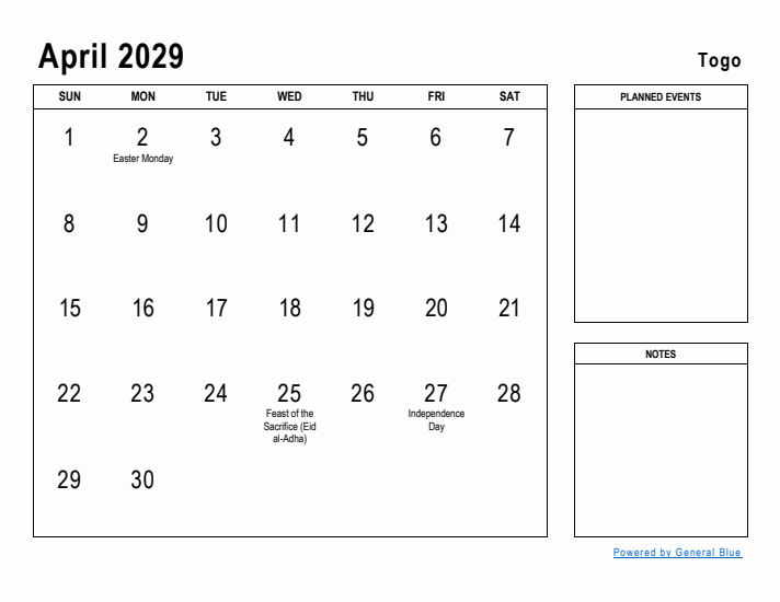 April 2029 Printable Monthly Calendar with Togo Holidays