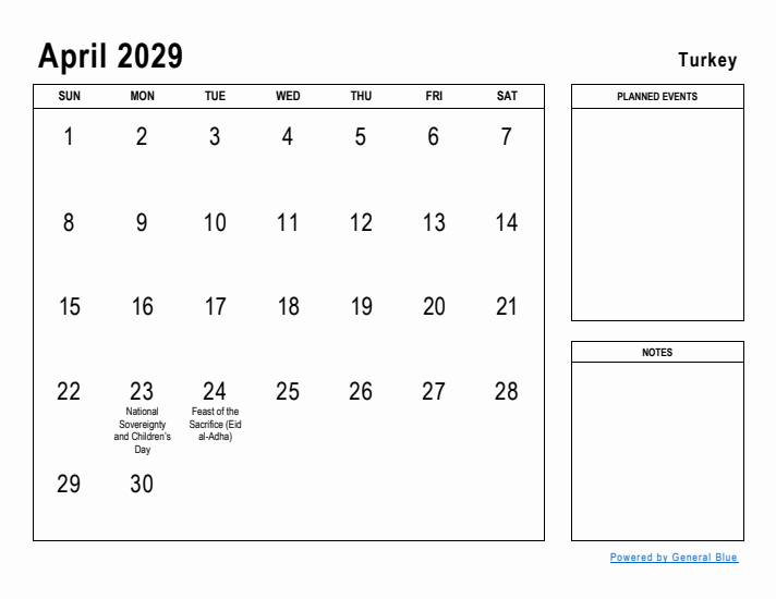 April 2029 Printable Monthly Calendar with Turkey Holidays