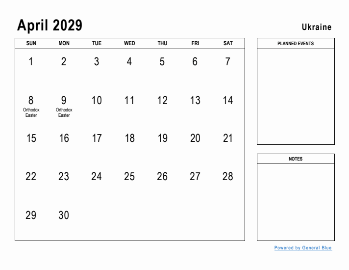 April 2029 Printable Monthly Calendar with Ukraine Holidays