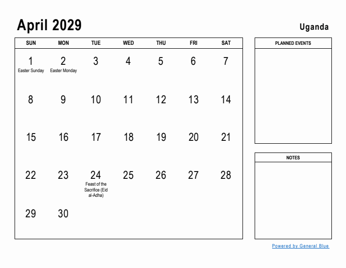 April 2029 Printable Monthly Calendar with Uganda Holidays