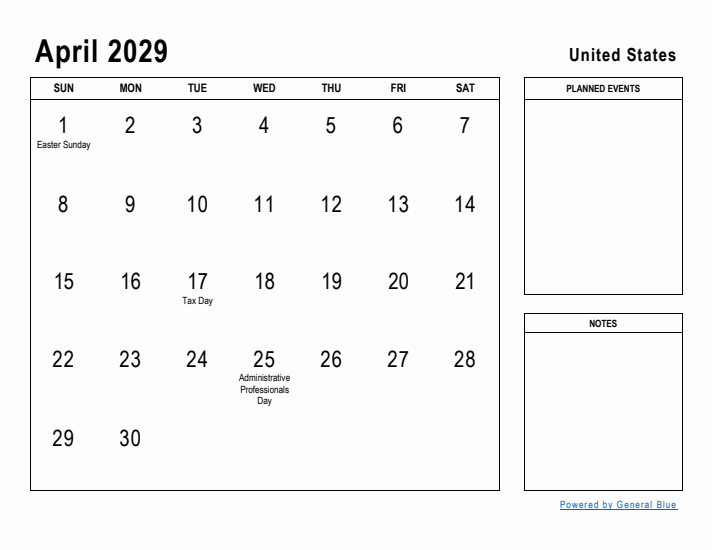 April 2029 Printable Monthly Calendar with United States Holidays