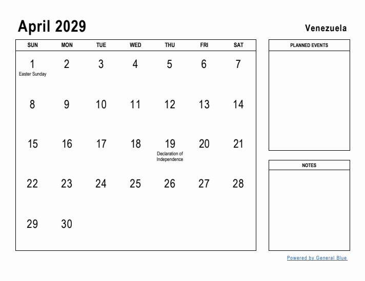 April 2029 Printable Monthly Calendar with Venezuela Holidays