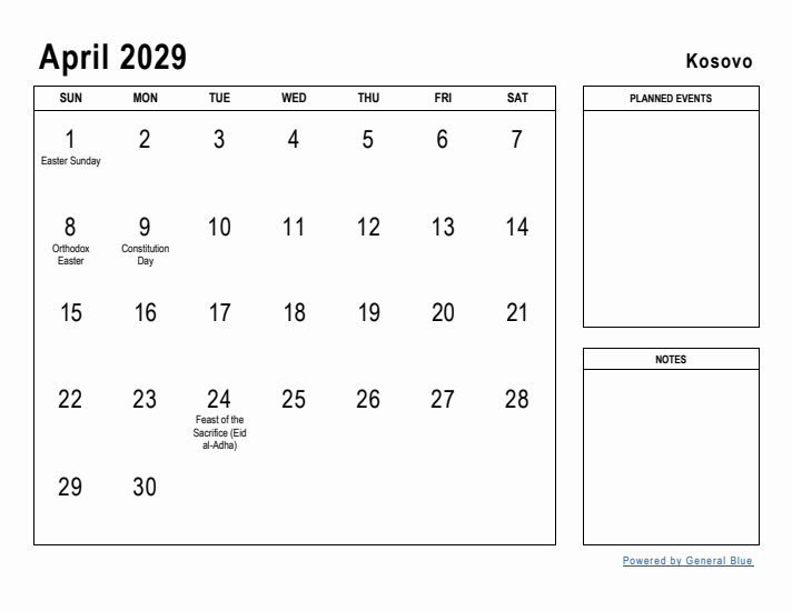 April 2029 Printable Monthly Calendar with Kosovo Holidays