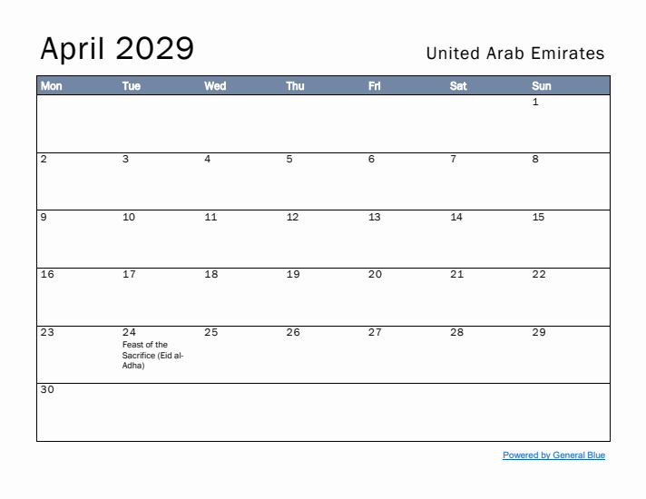 April 2029 Simple Monthly Calendar for United Arab Emirates