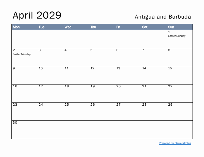 April 2029 Simple Monthly Calendar for Antigua and Barbuda