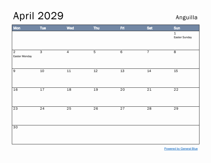 April 2029 Simple Monthly Calendar for Anguilla