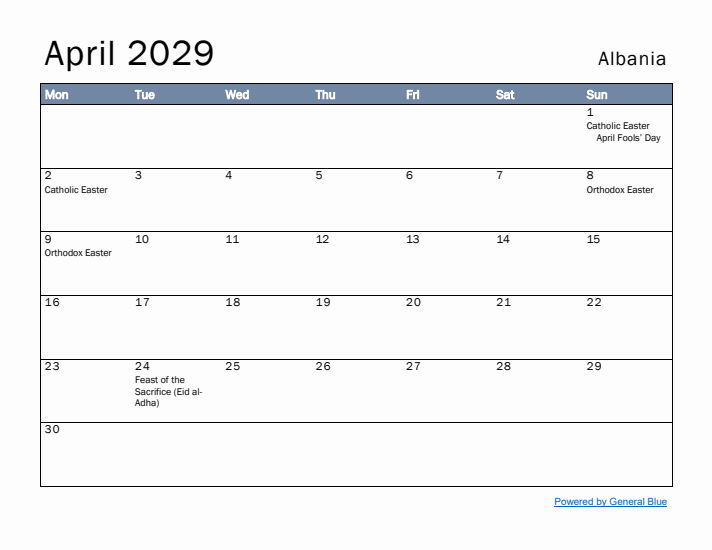 April 2029 Simple Monthly Calendar for Albania