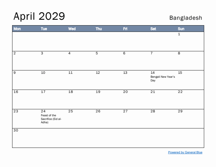 April 2029 Simple Monthly Calendar for Bangladesh