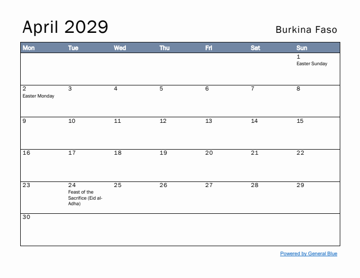 April 2029 Simple Monthly Calendar for Burkina Faso