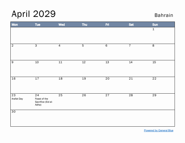 April 2029 Simple Monthly Calendar for Bahrain