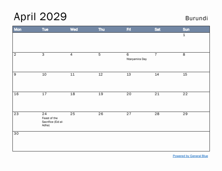 April 2029 Simple Monthly Calendar for Burundi