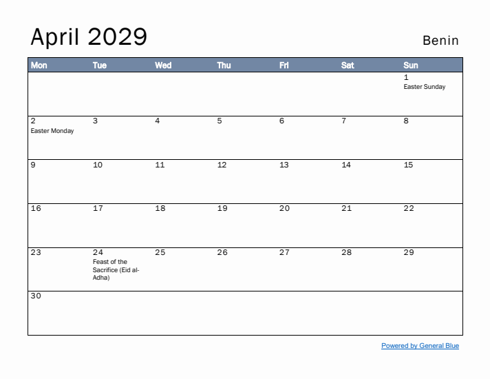 April 2029 Simple Monthly Calendar for Benin