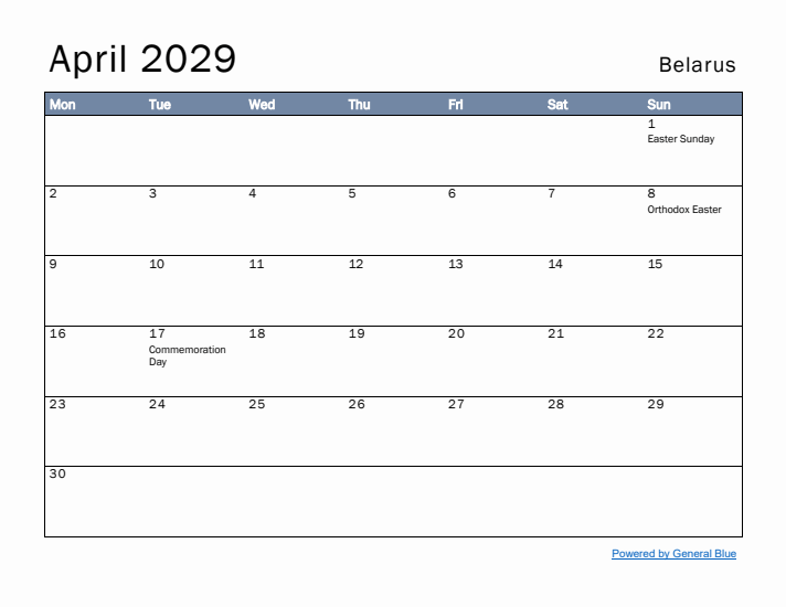 April 2029 Simple Monthly Calendar for Belarus