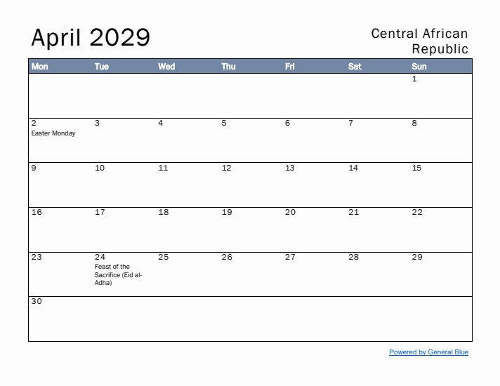 April 2029 Simple Monthly Calendar for Central African Republic