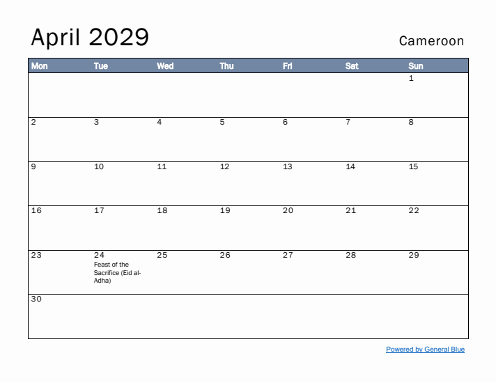 April 2029 Simple Monthly Calendar for Cameroon