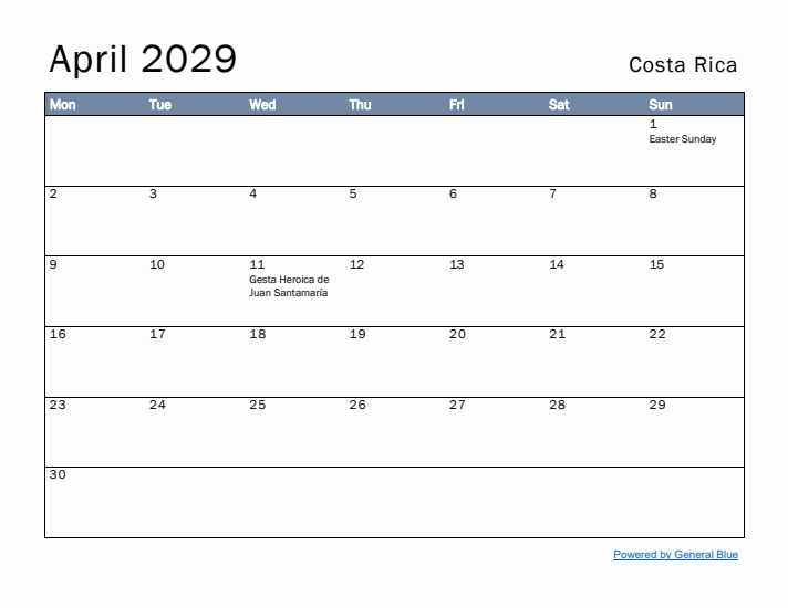 April 2029 Simple Monthly Calendar for Costa Rica