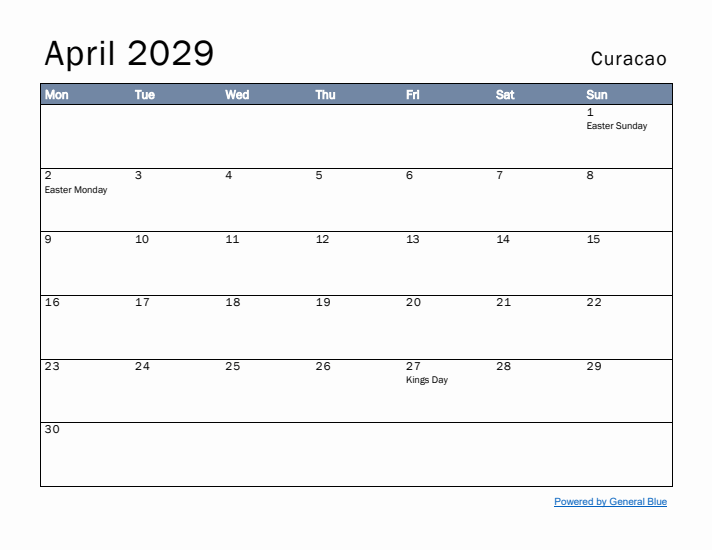 April 2029 Simple Monthly Calendar for Curacao