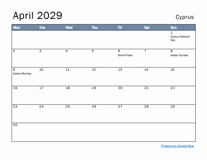 April 2029 Simple Monthly Calendar for Cyprus