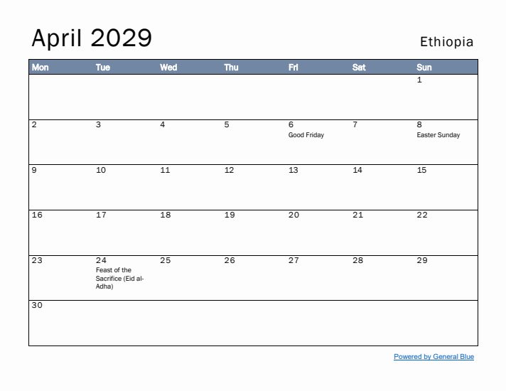 April 2029 Simple Monthly Calendar for Ethiopia