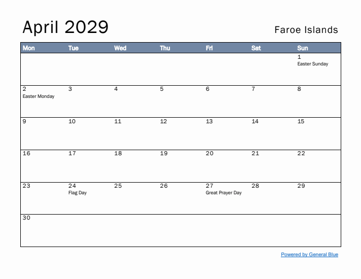 April 2029 Simple Monthly Calendar for Faroe Islands