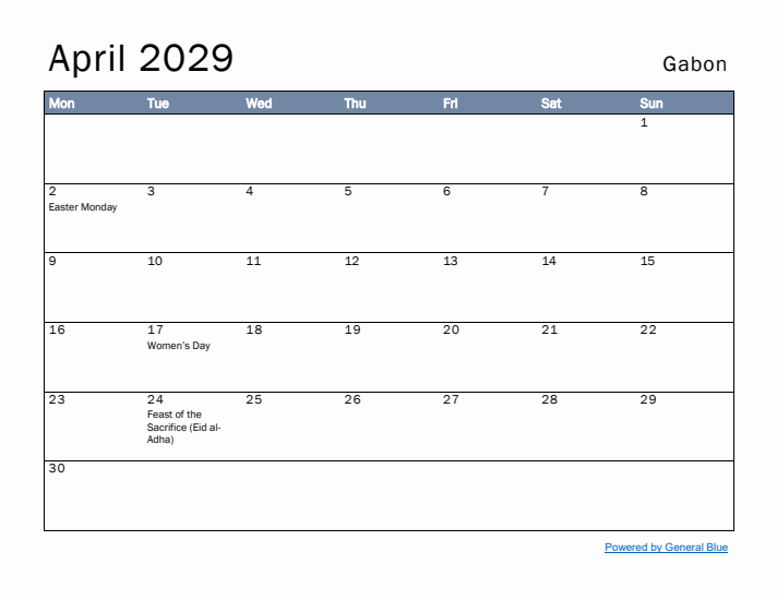 April 2029 Simple Monthly Calendar for Gabon