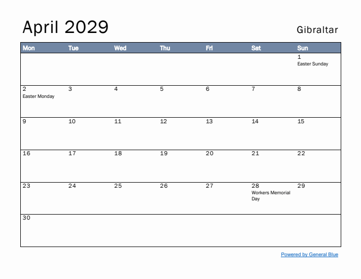 April 2029 Simple Monthly Calendar for Gibraltar