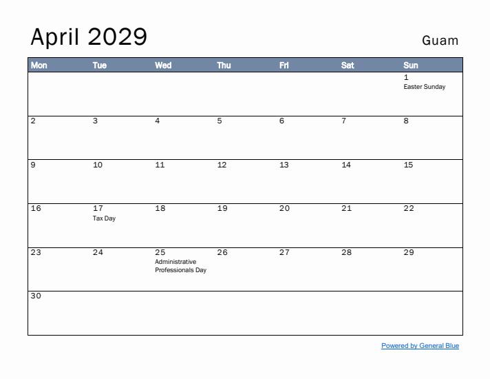 April 2029 Simple Monthly Calendar for Guam