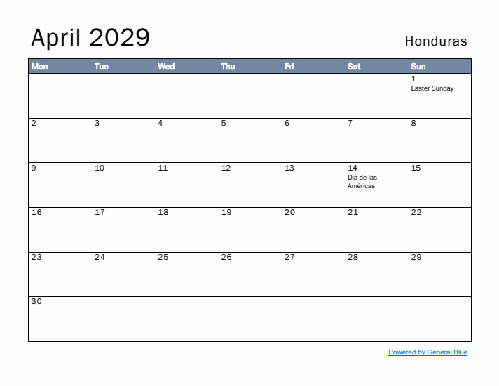 April 2029 Simple Monthly Calendar for Honduras