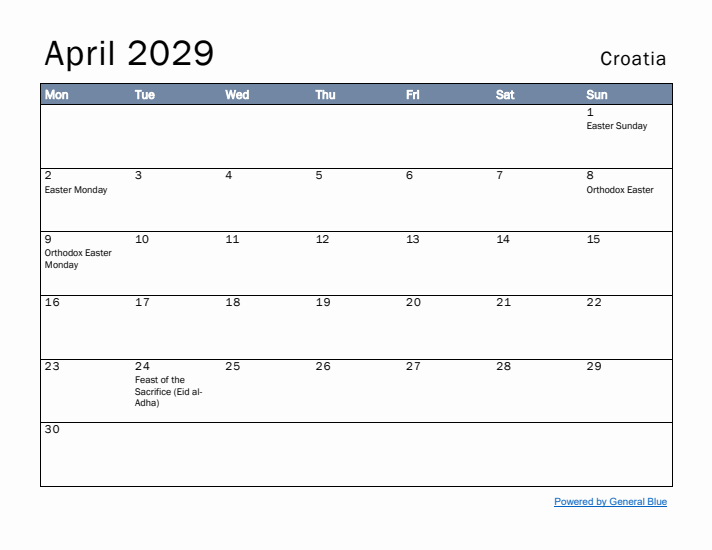 April 2029 Simple Monthly Calendar for Croatia