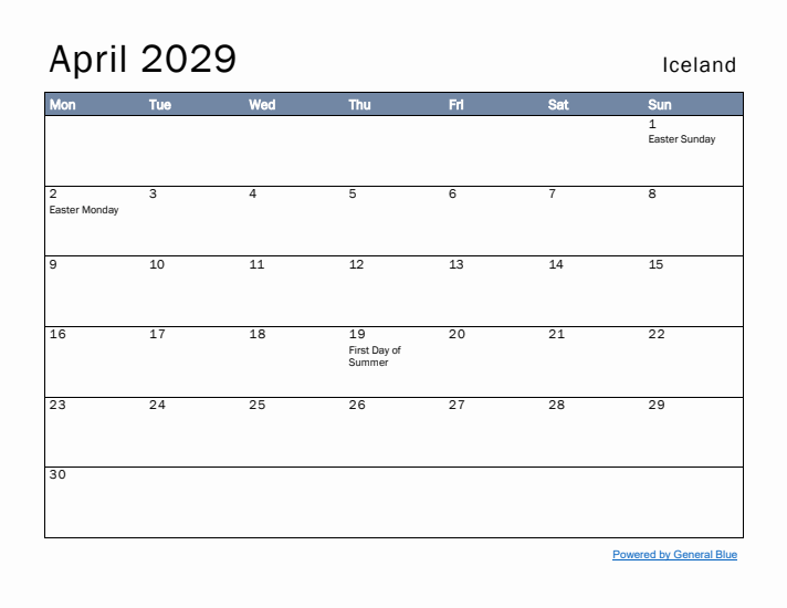 April 2029 Simple Monthly Calendar for Iceland