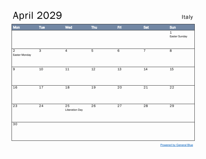 April 2029 Simple Monthly Calendar for Italy