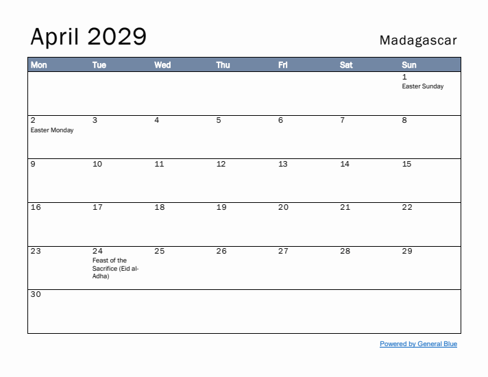 April 2029 Simple Monthly Calendar for Madagascar