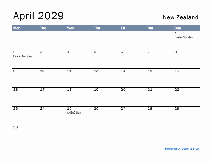 April 2029 Simple Monthly Calendar for New Zealand