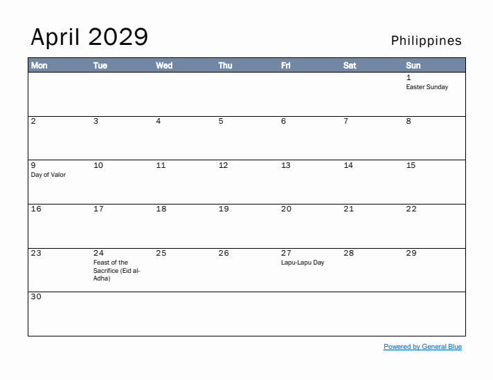 April 2029 Simple Monthly Calendar for Philippines