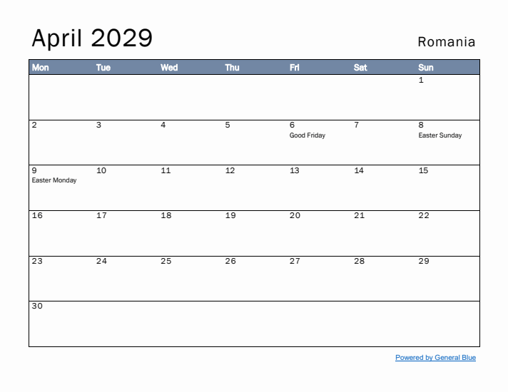 April 2029 Simple Monthly Calendar for Romania