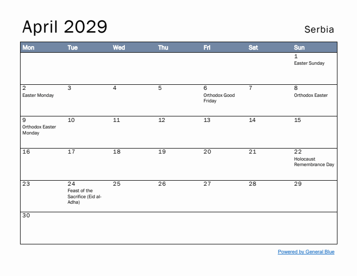 April 2029 Simple Monthly Calendar for Serbia