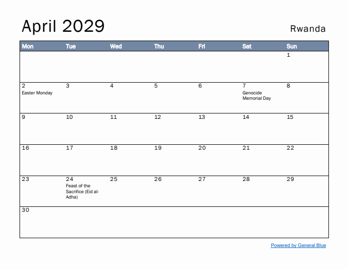 April 2029 Simple Monthly Calendar for Rwanda