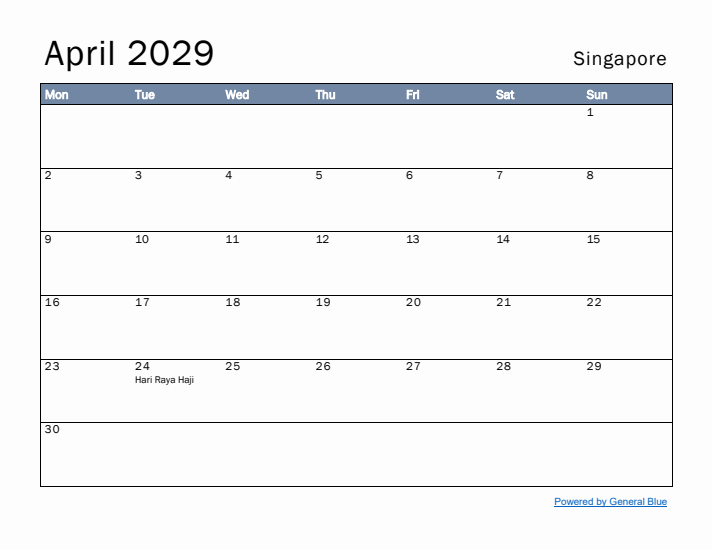 April 2029 Simple Monthly Calendar for Singapore