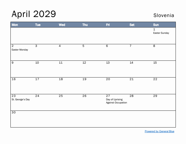 April 2029 Simple Monthly Calendar for Slovenia