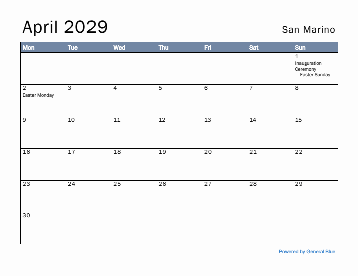 April 2029 Simple Monthly Calendar for San Marino